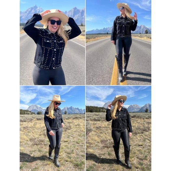 Women's Black Studded Cropped Jean Jacket Western Distressed Denim Coat Outdoor - Picture 4 of 5
